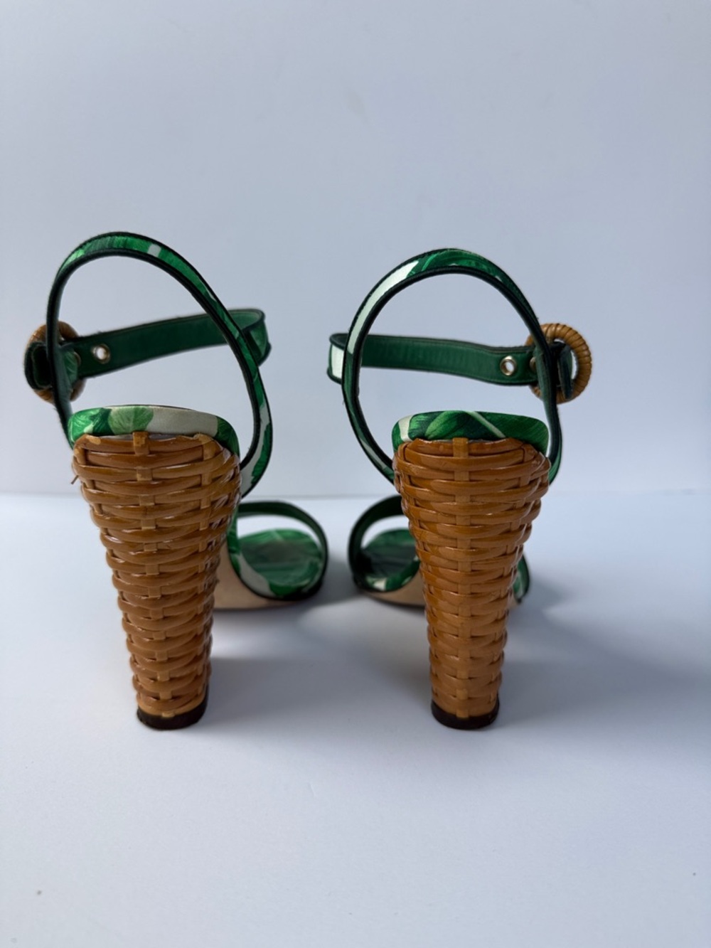 Dolce & Gabbana Palm-Print Green Banana Leaf Raffia Block Heel Sandals size 7 - Picture 7 of 17